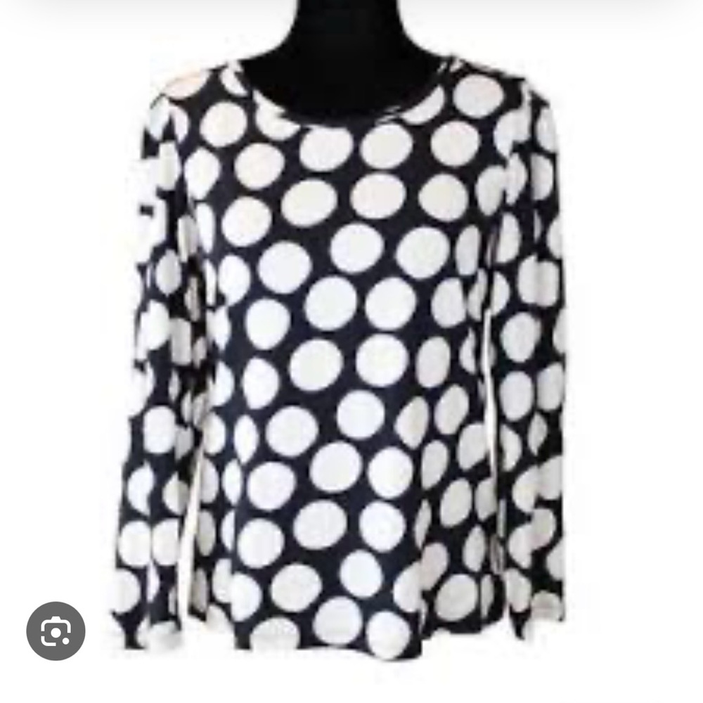 Ann Taylor Factory, long sleeve tshirt, black with white polka dots, size Large.